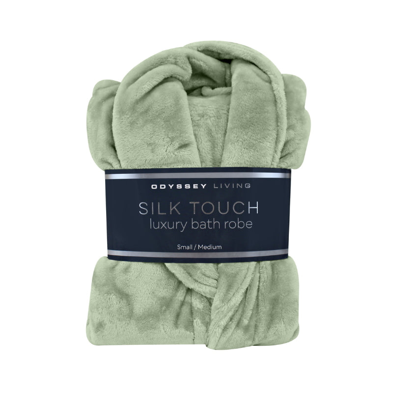 A front details of a neatly folded  sage silk touch bathrobe, exuding luxurious elegance and comfort.