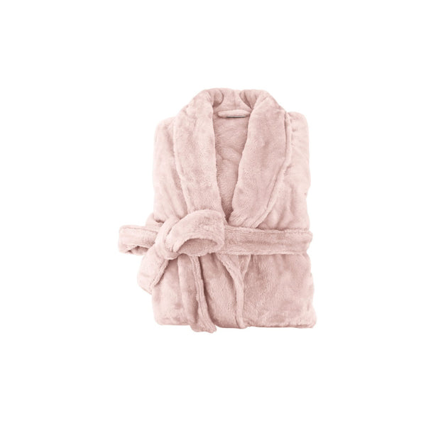 A neatly folded blush silk touch bathrobe, exuding luxurious elegance and comfort.