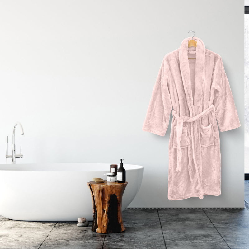 Hanging image of a blush silk touch bathrobe, embodying luxury and comfort.