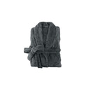 A neatly folded charcoal silk touch bathrobe, exuding luxurious elegance and comfort.
