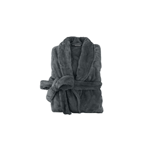 A neatly folded charcoal silk touch bathrobe, exuding luxurious elegance and comfort.