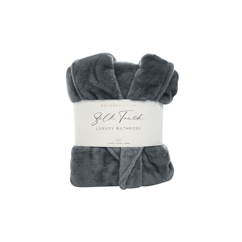 A front details of a neatly folded charcoal silk touch bathrobe, exuding luxurious elegance and comfort.