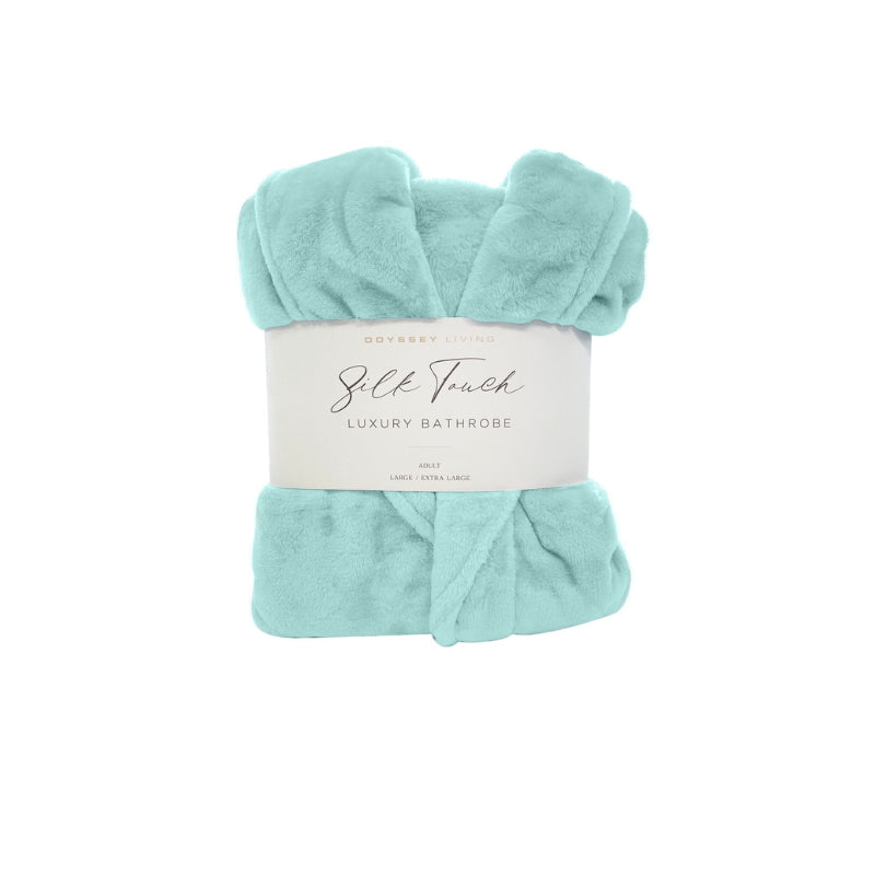 A front details of a neatly folded duck egg blue silk touch bathrobe, exuding luxurious elegance and comfort.