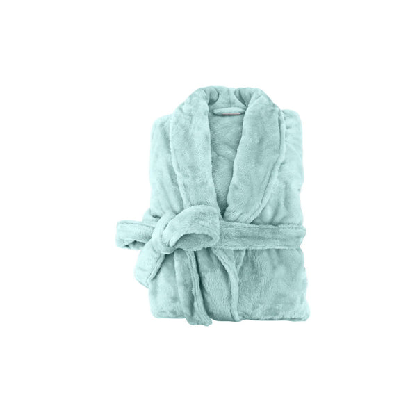 A neatly folded duck egg blue silk touch bathrobe, exuding luxurious elegance and comfort.