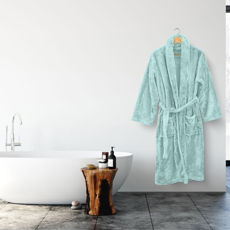 Hanging image of a duck egg blue silk touch bathrobe, embodying luxury and comfort.