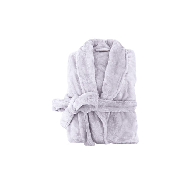 A neatly folded lilac silk touch bathrobe, exuding luxurious elegance and comfort.