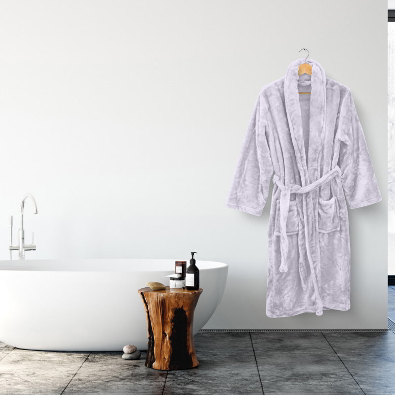 Hanging image of a lilac silk touch bathrobe, embodying luxury and comfort.