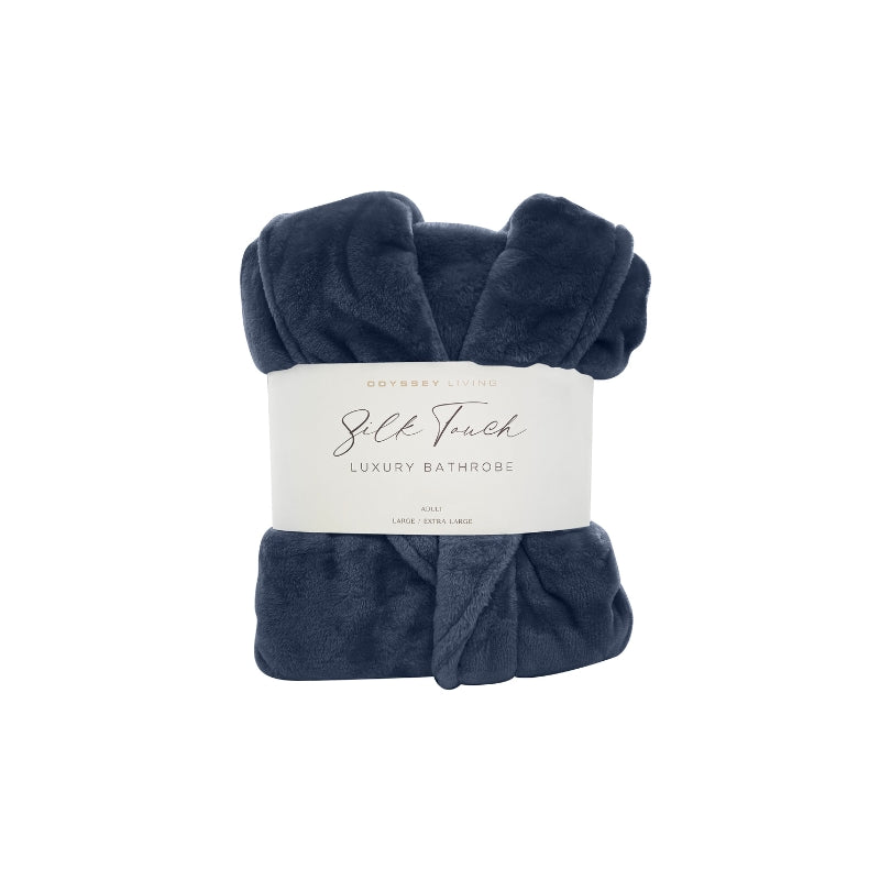 A front details of a neatly folded navy silk touch bathrobe, exuding luxurious elegance and comfort.