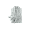 A neatly folded silver silk touch bathrobe, exuding luxurious elegance and comfort.