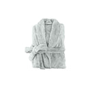 A neatly folded silver silk touch bathrobe, exuding luxurious elegance and comfort.