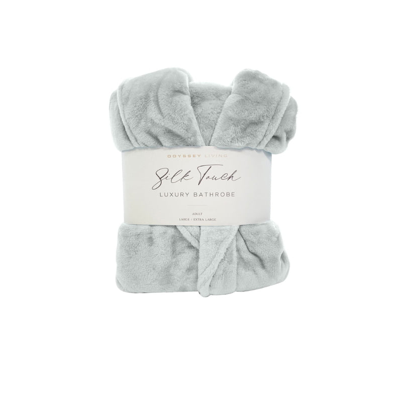 A front details of a neatly folded silver silk touch bathrobe, exuding luxurious elegance and comfort.