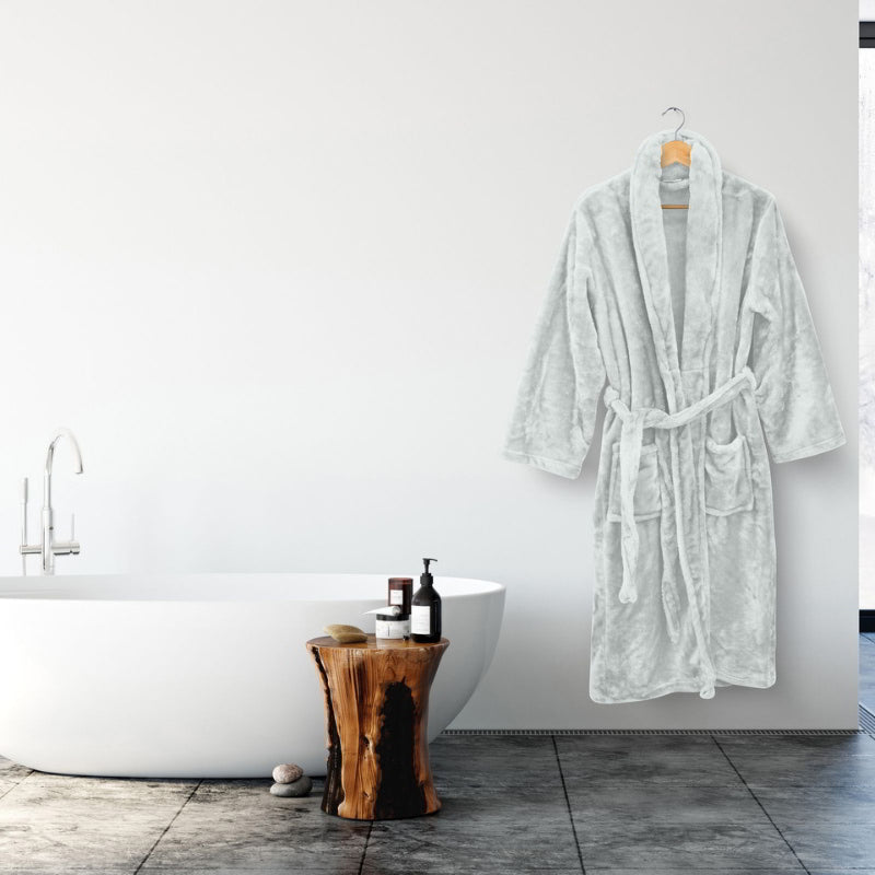 Hanging image of a silver silk touch bathrobe, embodying luxury and comfort.