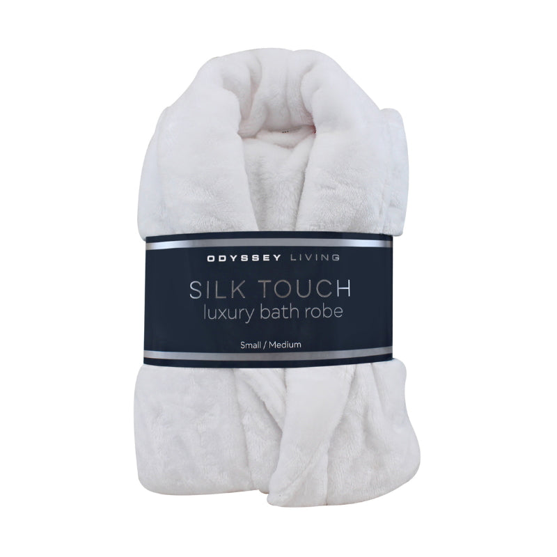 A front details of a neatly folded white silk touch bathrobe, exuding luxurious elegance and comfort.