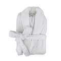 A neatly folded white silk touch bathrobe, exuding luxurious elegance and comfort.
