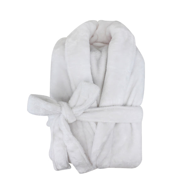A neatly folded white silk touch bathrobe, exuding luxurious elegance and comfort.