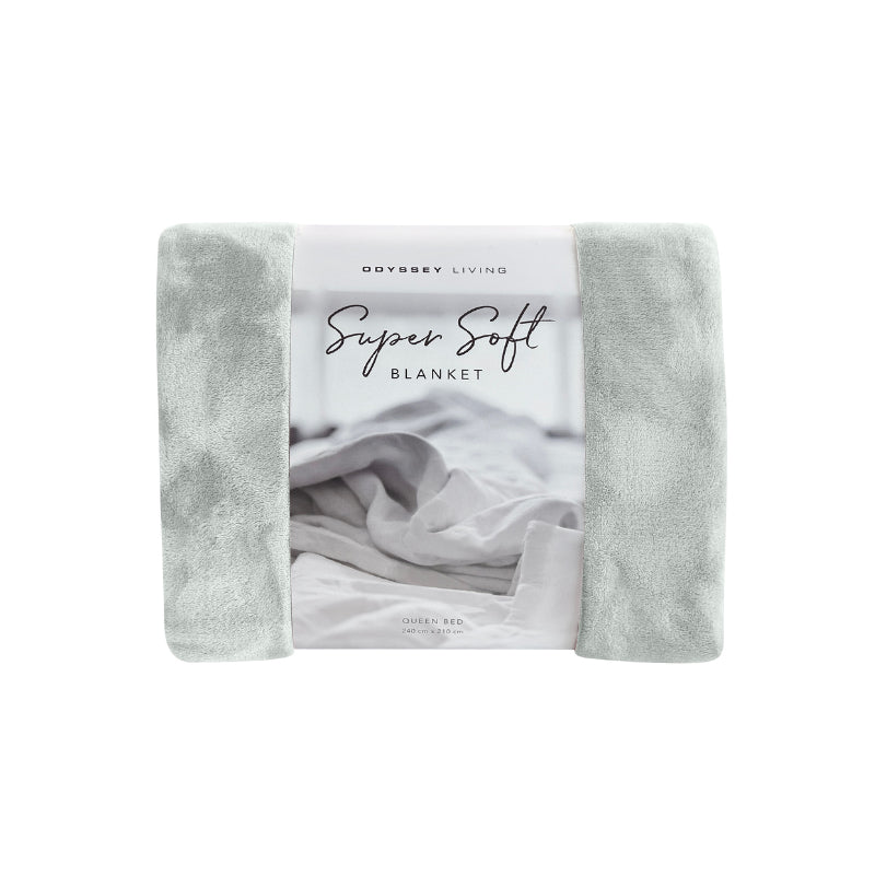Front packaging details of the silver Odyssey Living Super Soft Blanket creating the perfect setting to cosy up in the luxurious comfort and warmth of the bed.