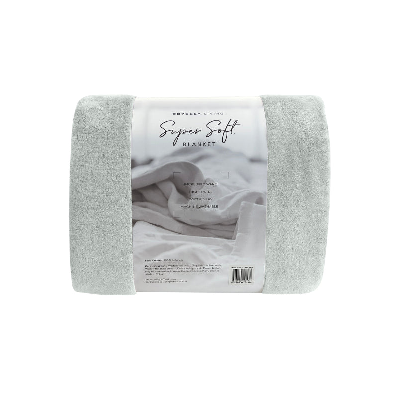 Back packaging details of the silver Odyssey Living Super Soft Blanket creating the perfect setting to cosy up in the luxurious comfort and warmth of the bed.