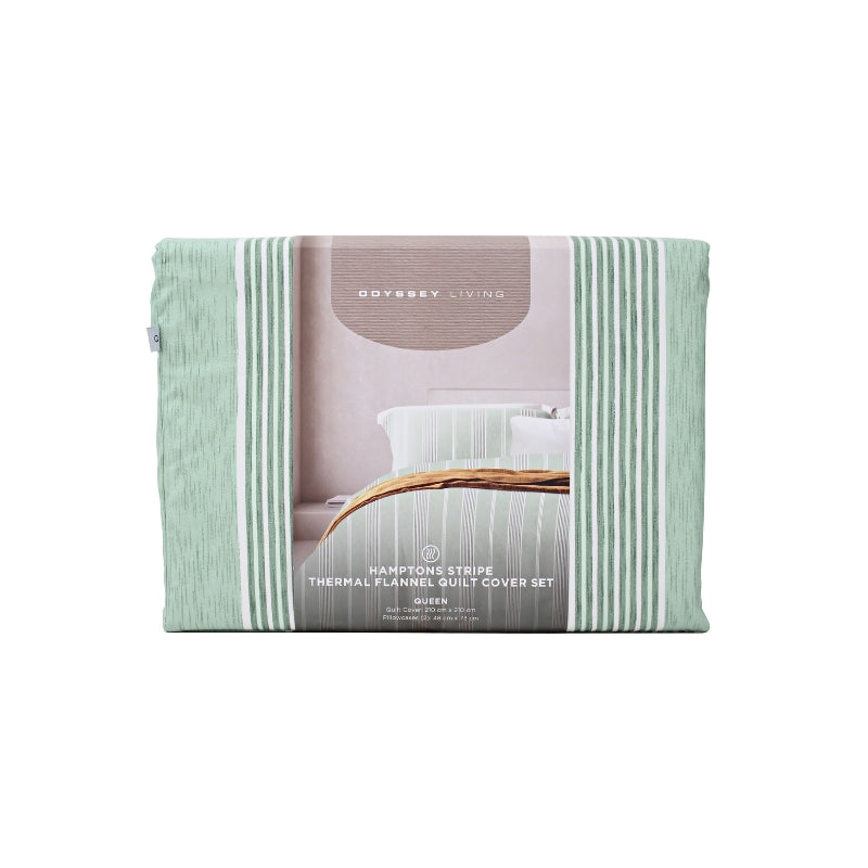 Front packaging details of a modern aqua haze bedding set with striped quilt cover and pillowcase in varying thickness vertical stripes, giving a cosy and harmonious look.