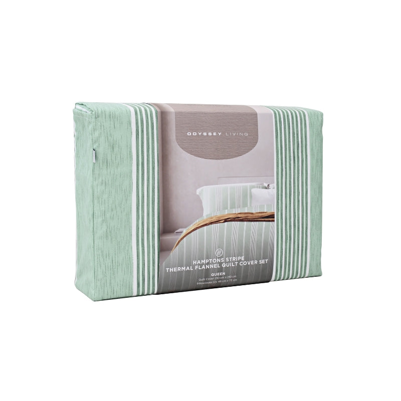 Side packaging details of a modern aqua haze bedding set with striped quilt cover and pillowcase in varying thickness vertical stripes, giving a cosy and harmonious look.