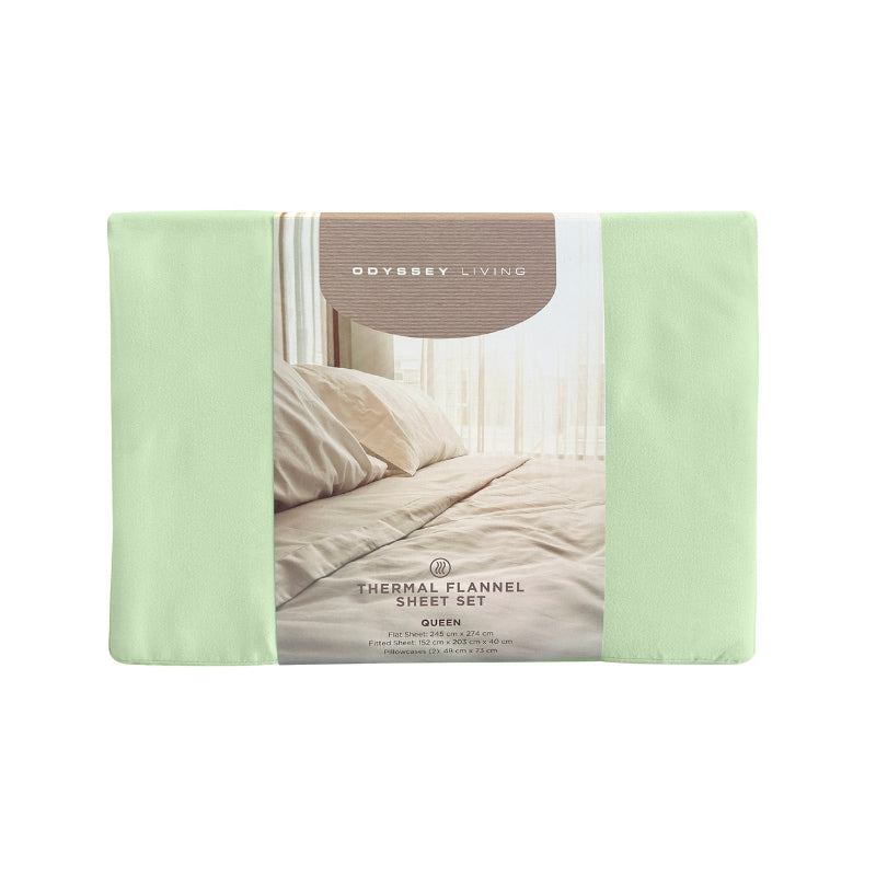 Front packaging details of a clean and classic light green bed with matching sheets and pillows, made of 100% microfibre for a soft and warm feel.