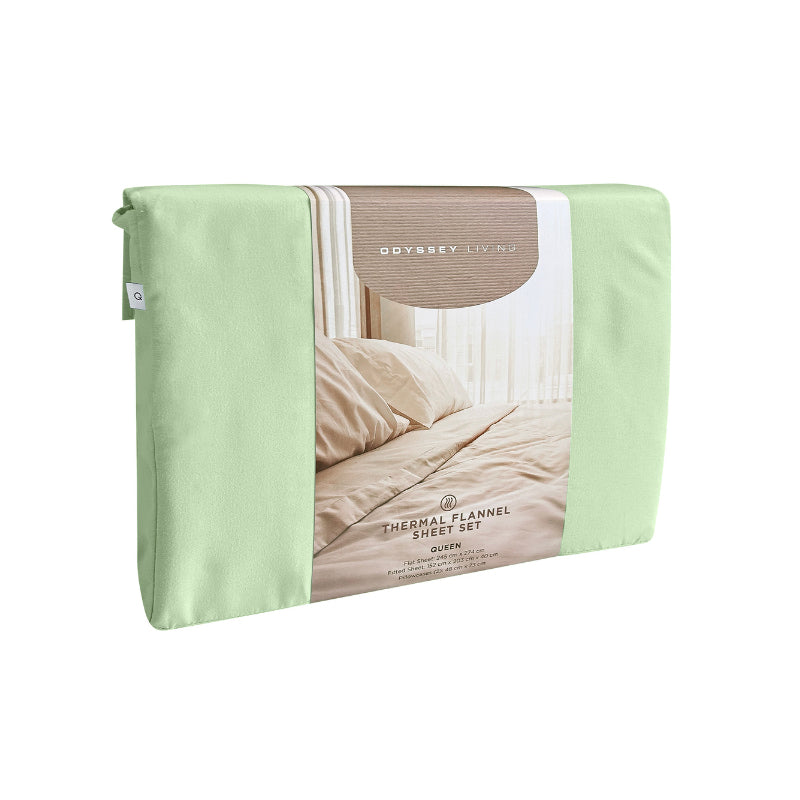 Side packaging details of a clean and classic light green bed with matching sheets and pillows, made of 100% microfibre for a soft and warm feel.
