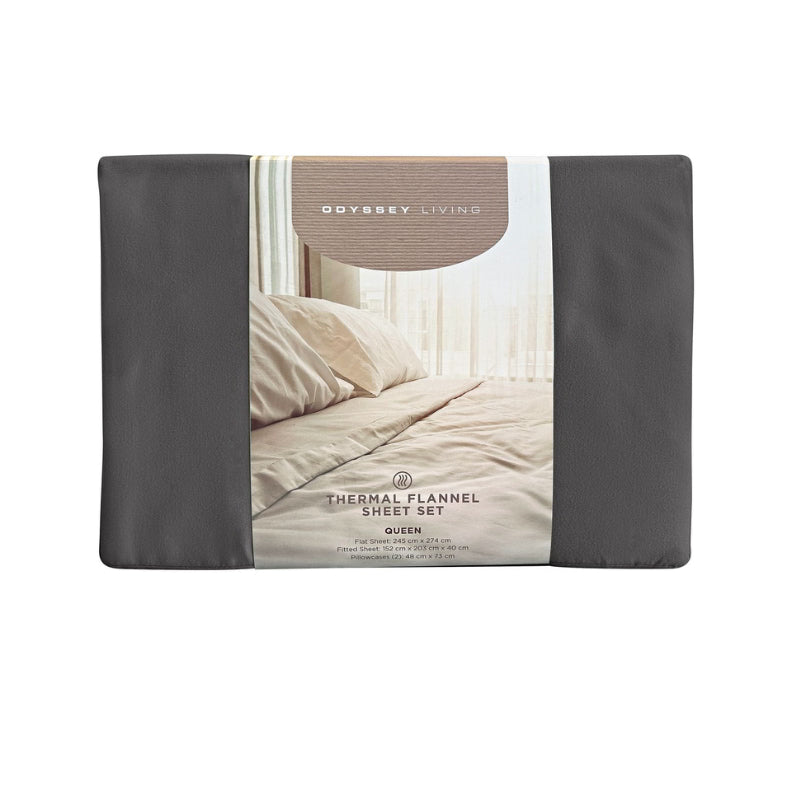 Front packaging details of a clean and classic charcoal-toned bed with matching sheets and pillows, made of 100% microfibre for a soft and warm feel.