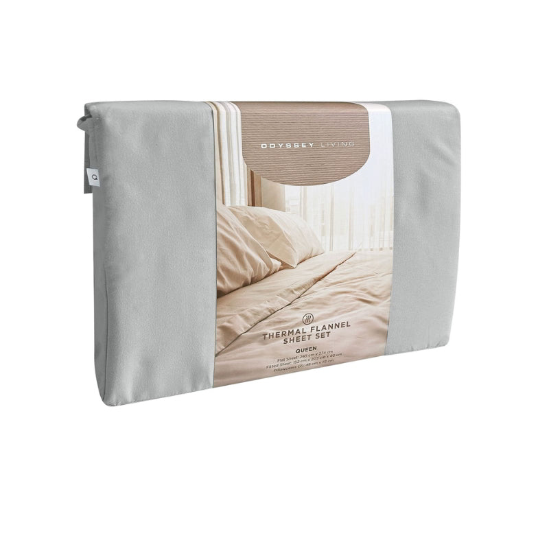 Side packaging details of a clean and classic grey bed with matching sheets and pillows, made of 100% microfibre for a soft and warm feel.