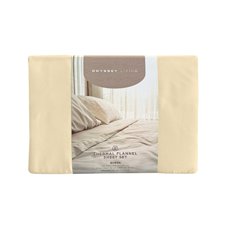 Front packaging details of a clean and classic natural-toned bed with matching sheets and pillows, made of 100% microfibre for a soft and warm feel.