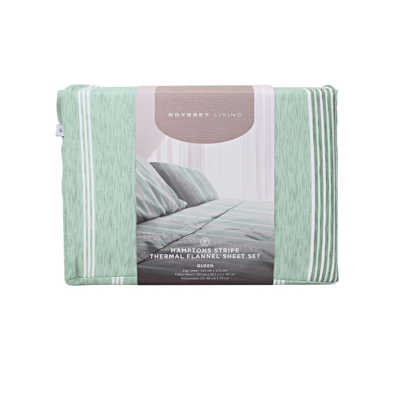 Front packaging details of the green and white striped sheet set, showcasing uniform horizontal stripes for a minimalist or nautical-themed bedroom decor.