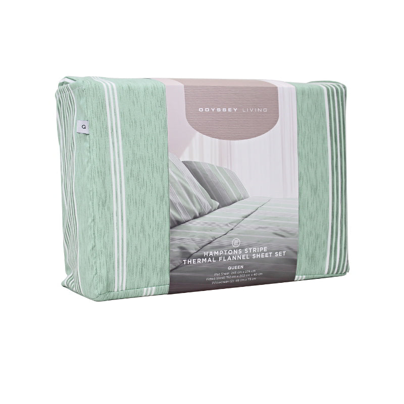 Side packaging details of the green and white striped sheet set, showcasing uniform horizontal stripes for a minimalist or nautical-themed bedroom decor.