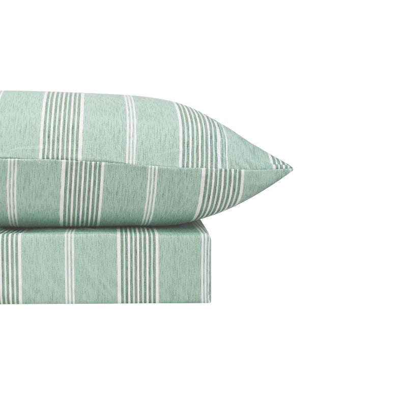Luxurious green and white striped sheet set and pillowcase, showcasing uniform horizontal stripes for a minimalist or nautical-themed bedroom decor.