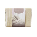 Front packaging details of the green and white striped sheet set, showcasing uniform horizontal stripes for a minimalist or nautical-themed bedroom decor.