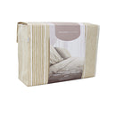 Side packaging details of the green and white striped sheet set, showcasing uniform horizontal stripes for a minimalist or nautical-themed bedroom decor.