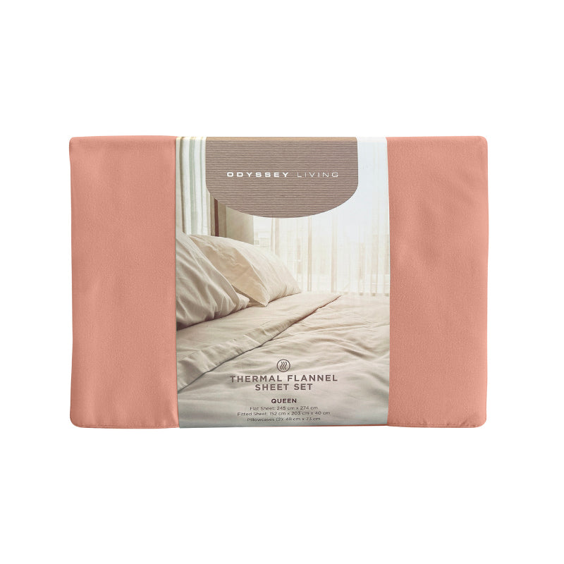 Front packaging details of a clean and classic orange bed with matching sheets and pillows, made of 100% microfibre for a soft and warm feel.