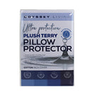 Front details of the packaging of  plush terry mattress protector featuring its minimalist blue and white packaging design.