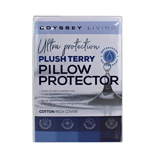 alt="Front details of the packaging of  plush terry mattress protector featuring its minimalist blue and white packaging design"