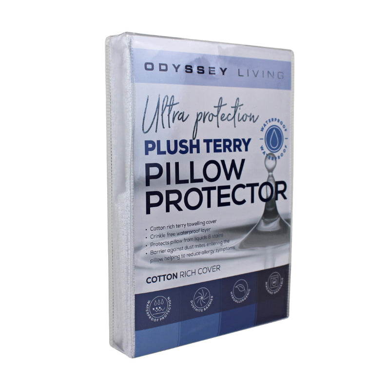 alt="Side details of the packaging of plush terry mattress protector featuring its minimalist blue and white packaging design" 