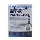 Back details of the packaging of plush terry mattress protector featuring its minimalist blue and white packaging design.