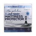Front details of the packaging of plush terry mattress protector featuring its minimal and elegant packaging design.