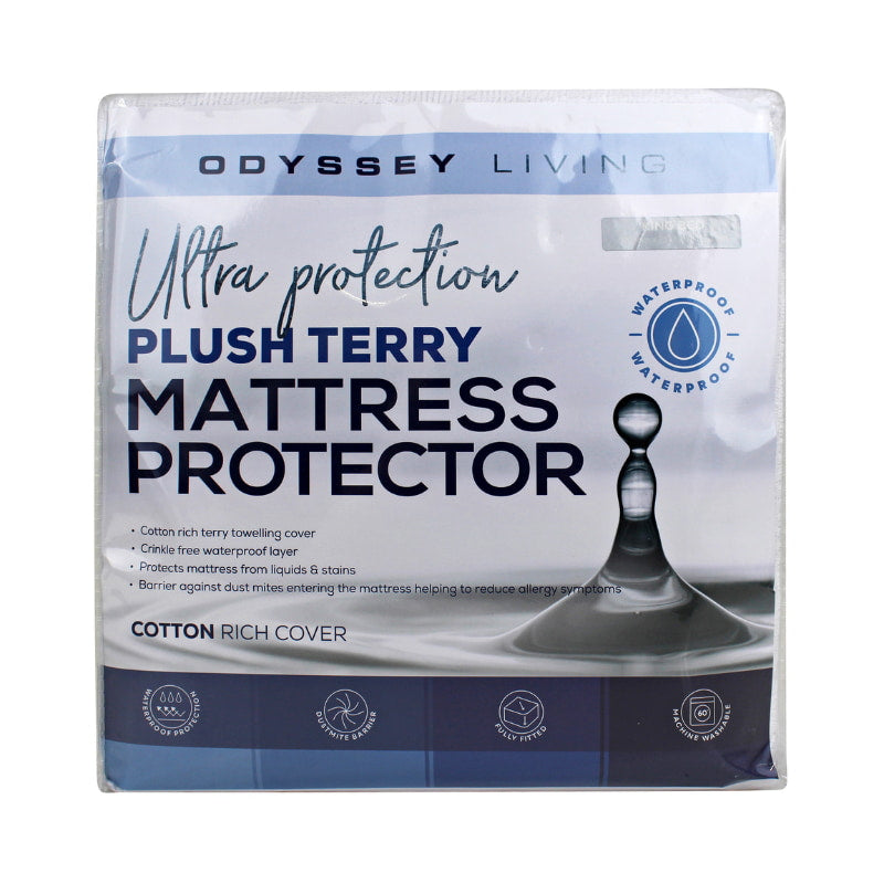 Front details of the packaging of plush terry mattress protector featuring its minimal and elegant packaging design.
