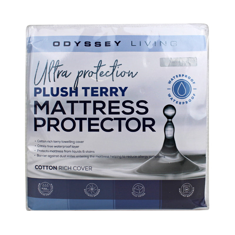 alt="Front details of the packaging of plush terry mattress protector featuring its minimal and elegant packaging design" 