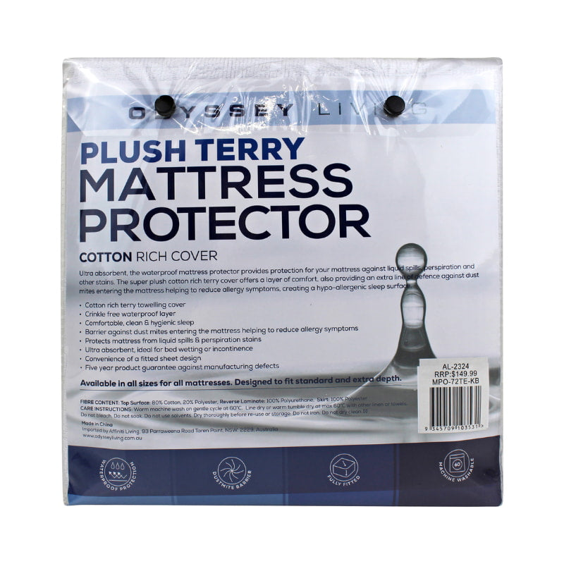 alt="Back details of the packaging of plush terry mattress protector featuring its minimal and elegant packaging design" 