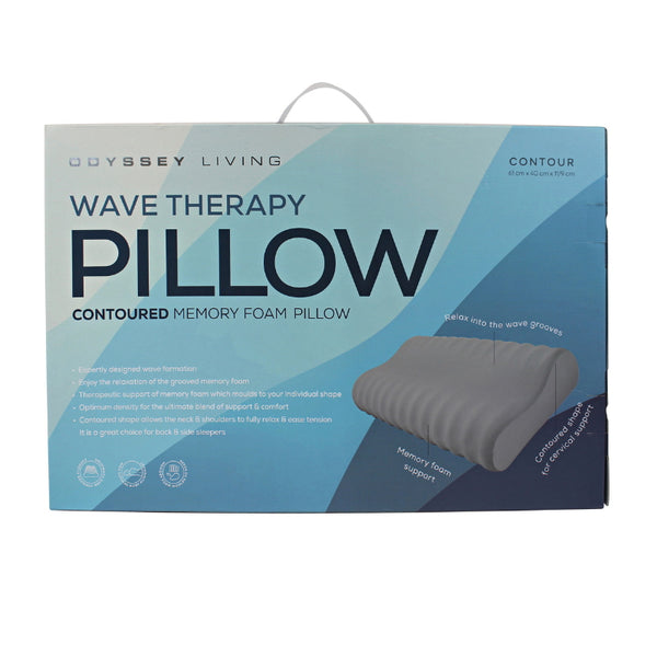 alt="Front details of a nice package of a contour memory foam pillow which is expertly designed with a grooved wave formation."