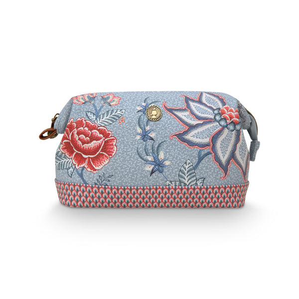 alt="A front view of a light blue medium cosmetic purse with a vibrant floral pattern."
