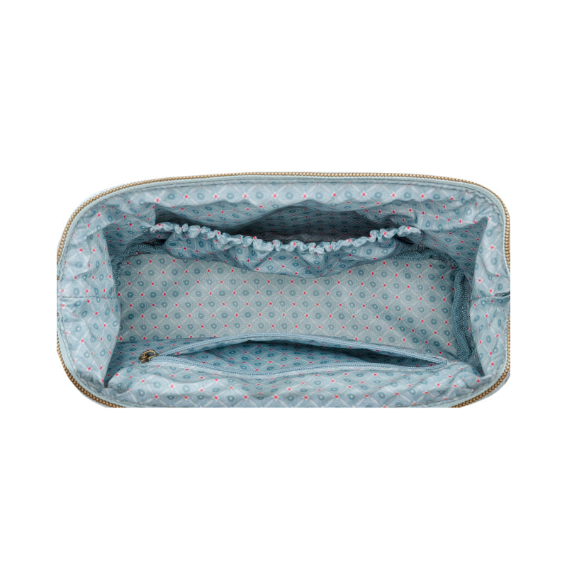 alt="Spacious light blue medium cosmetic purse with a vibrant floral pattern."