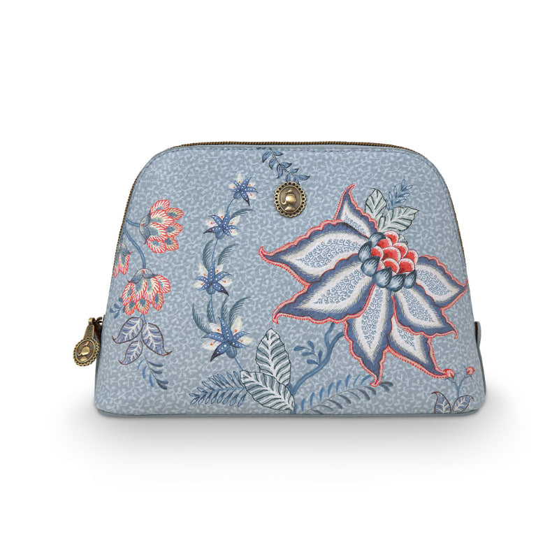 alt="A front view of a medium cosmetic bag with vibrant floral design and water-repellent satin material."