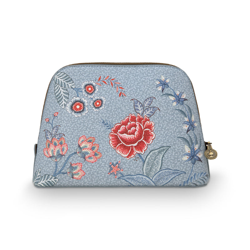 alt="A back view of a medium cosmetic bag with vibrant floral design and water-repellent satin material."
