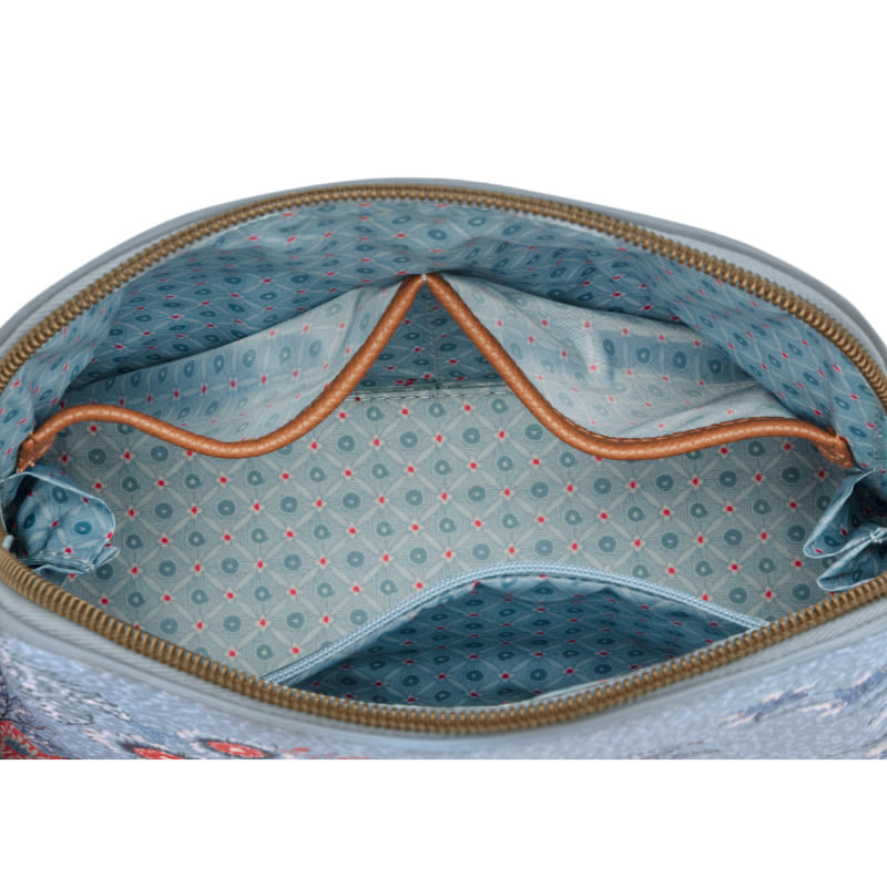 alt="A closer look of an ample medium cosmetic bag with vibrant floral design and water-repellent satin material."