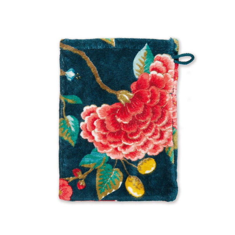  alt="Dark blue wash mitt adorned with the 'good evening' design featuring colourful flowers."