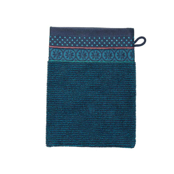  alt="Dark blue wash mitt with fine striped terry cloth and decorative jacquard edge."